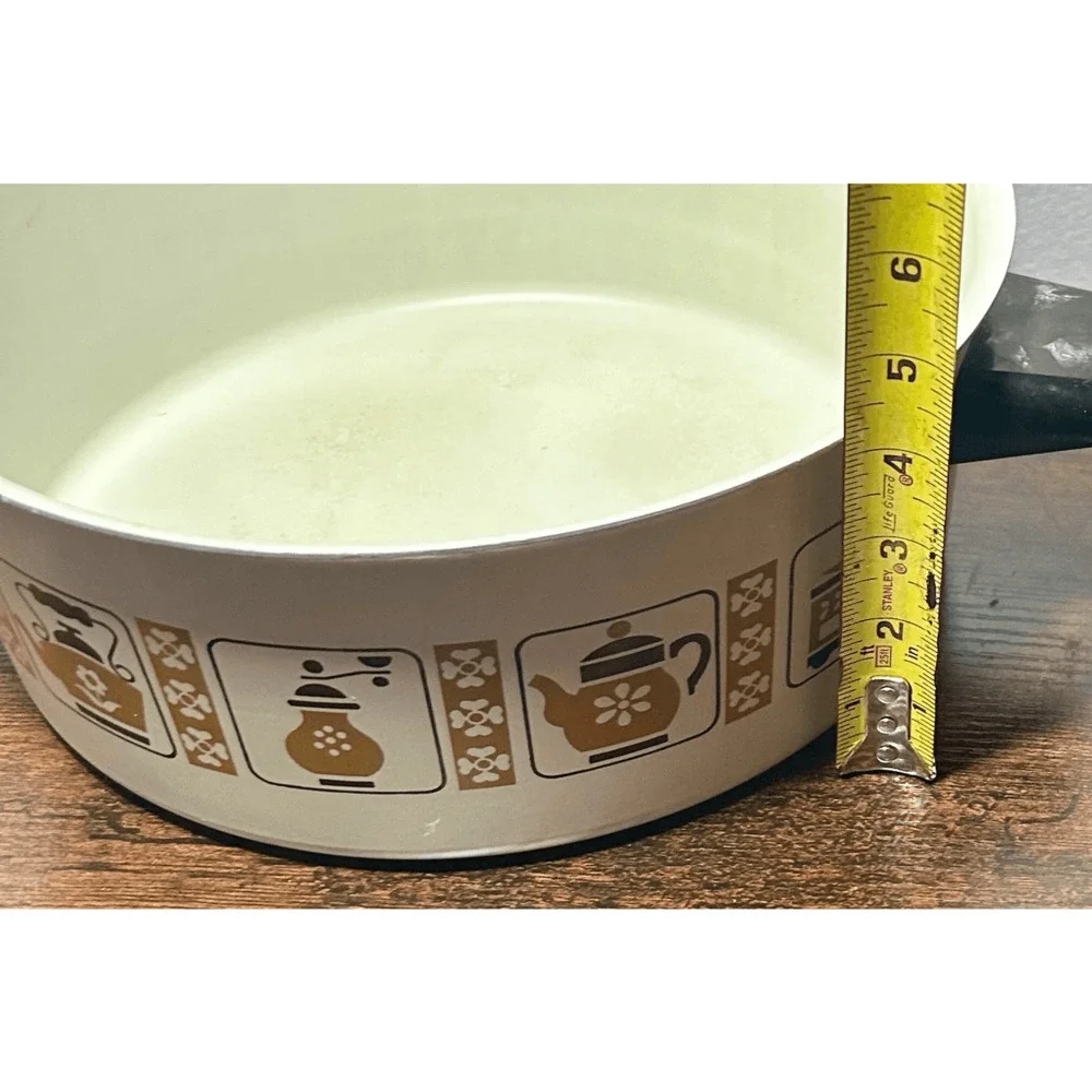 Vintage 1970s Enamel Sauce Pan Stock Pot 5 Qt MCM Coffee & Grinder Design
